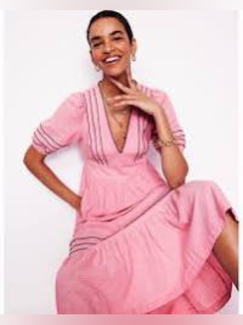 Boden Pink Linen Midi Dress Black Rickrack Trim Smocked Waist Short Sleeve 16-18